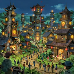 village, crowd of people, chinese architecture, steampunk!!!!, infographic with illustrations!!!!, glowing lights, epic fantasy, digital art, highly saturated colors, concept art, detailed illustration, hd, 4 k, digital art, greg rutkowski, studio ghibli trending on artstation