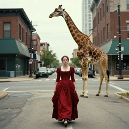 gal gadot, in a red victorian era dress, walks thru the deserted streets of downtown cleveland as a large albino giraffe calmly stands at the intersection, atmospheric, cinematic, in the style of ridley scott