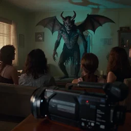 vhs camcorder footage of a room of people staring at a live demon, eerie