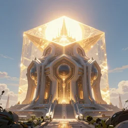 the futuristic giant solarpunk pentagon temple of transcendence bright sun magic hour, digital painting, solid cube of light, hard edges, artstation, concept art, sharp focus, illustration, 8 k highly detailed, ray traced