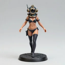 80mm resin detailed miniature of a helmeted woman, steampunk diving helmet, black-bikini, stomach skin, navel, belly, tights, foot, textured base; Miniature Product Photos, 4K, view from front