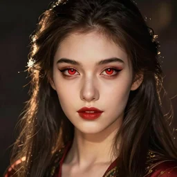 Digital portrait of a pretty half-elf half-vampire young woman. Her eyes have red irises and vertical pupils. Art by Greg Rutkowski and Alphonse Mucha
