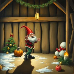matte sharp painting, a garden gnome dancing in a barn, christmas, juxtapoz, artforum, gary baseman, preston blair, tex avery, dan mumford, pedro correa