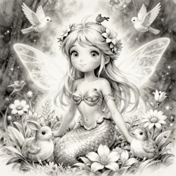 illustration of a beautiful fairie, mermaid, female portrait with flowers, whimsical big - eyed character accompanied by animals and birds, light greyscale, cross contour drawing