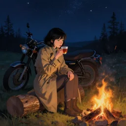 A girl with short black hair and green eyes in a tan trenchcoat sitting on a log and drinking tea by the campfire by her motorcycle at night under the stars in the style of Jakub Rozalski, evocative, mystical night, detailed, award winning, masterpiece digital painting by Greg Rutkowski, Alex Grey, artstation, 4k wallpaper