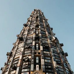 award winning photography of tower of babel reaching up to heaven made from cellphones, 40mm lens, shallow depth of field, split lighting