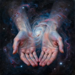 a painting of nebulas in outer space in the shape of a pair of cupped hands