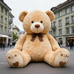 huge teddybear sitting on the streets of zurich. professional photography. 8 k. sharp focus. wide angle.