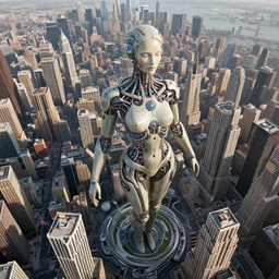 drone photograph of a giant female biomorphic cyborg queen connected by intricate technology to a futuristic new york city, by jean moebius giraud, beeple, greg rutkowski. octane render.
