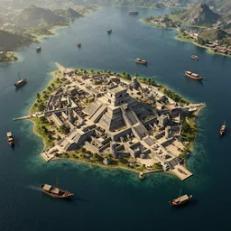 an aztec city in a one island lake, surrounded by many 15th century ships, aerial view, high detail, by Craig Mullins, Peter Mohrbacher, unreal engine, octane rendered, 8K, dark beauty, trending on artstation