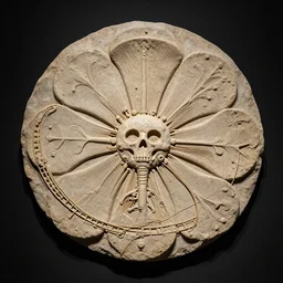 epic diptych, flat shaped stone relief, fossil, mechanic bionic fungus flower skeleton dissection relief made from rollercoaster, with organs, cables, wires and tubes, by angus mckie, on a black wall, by Lorenzo Ghiberti, by Goga Tandashvili, artstation, cgsociety, at Khajuraho