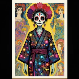 cute punk goth fashion hippy fractal Día de los Muertos alien girl wearing kimono made of circuits and leds by Mario Testinoa, poster art by Hannah Höch Victor Moscoso Rick Griffin Alphonse Mucha Gustav Klimt Ayami Kojima Amano Charlie Bowater