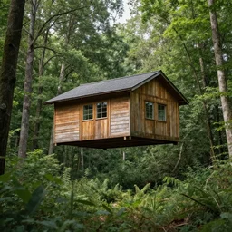 hut floating in midair, hovering above the forest floor