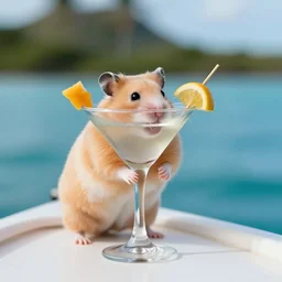 a hamster drinking a martini in a boat in Hawaii, dslr photo, bokeh