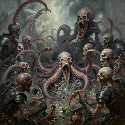 oil painting of battle - panorama nightmare of horror skinned nautiloid jaws clusters terrors dreaming of coma armored and clawed necrotized skirmish reeking of pediculosis epicranial, vulgaris grotesques stewing rococo chthonic glass fang garbage, by alberto bontempi, simon bisley & boris vallejo, hyper realism, cinematical