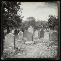 an 1 8 0 0 s stereograph depicting a graveyard in stereoscopic 3 d. a faintly visible ghost is lurking.