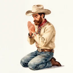bearded cowboy kneeling for prayer, persian folkore illustration, watercolor, wearing cowboy hat