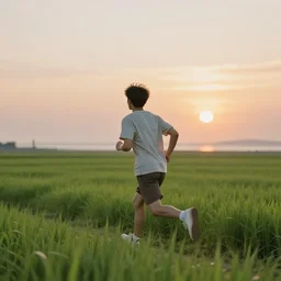 A young man running through a lush green countryside, with the sun setting over the sea, trending on artstation, 4k, soft focus