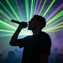 man holding a microphone and rapping, epic pose, medium close-up, silhouetted, distinct figure, psychedelic hip-hop, laser light show, fog, beams of light