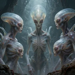 hellish translucent alien creatures with realistic human faces and skin on an alien world, artstyle zdzisaw beksinski and greg rutkowski, very intricate details, high resolution, 4 k