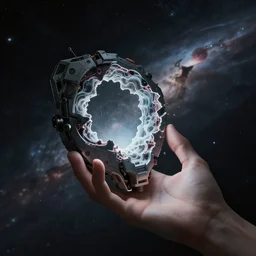 A computer art. A rip in spacetime. Did this device in her hand open a portal to another dimension or reality?! octane 3d by Richard McGuire, by Makoto Shinkai ghastly