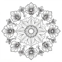 mandala consisting of flowers, central huge floral art, lineart, vector
