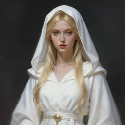half - length portrait of the goddess of memory, white hood, white robes, blonde, fantasy, magical, realistic and detailed, spiritual, supernatural, intricate, elegant, highly detailed, digital painting, trending on artstation, by wlop, 4 k octane render