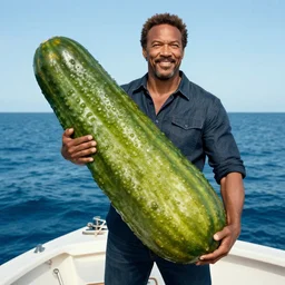 william defoe holding a giant pickle, standing on a boat in the ocean