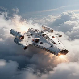 Star wars space ship bursting through the clouds, dramatic cinematic action shot, matte painting, concept art, realistic, fluffy clouds, sci fi, space craft, 8k