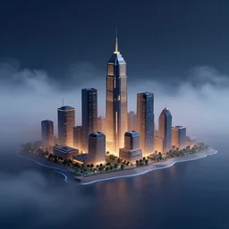 geometric futuristic cityscape, night lights, seashore, 3d minimalistic, distant, volumetric fog