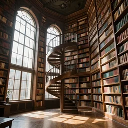 3 d huge hall full of windows streaming sunlight, spiralling staircase and shelves full of books, full colour, hyper realistic photo, unreal engine, upscale, 8 k, masterpiece,