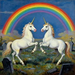 unicorns dancing on a graveyard under a rainbow in the sky, painting by Salvador Dali, award winning world-class Artwork, existential horror