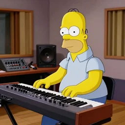 homer simpson playing on an analog synthesizer in a recording studio