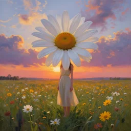 giant daisy flower as head, full body girl standing in a flower field, surreal photography, sunrise, dramatic light, impressionist painting, colorful clouds in sky, digital painting, artstation, simon stalenhag