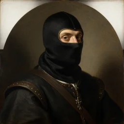 portrait of a medieval thief wearing balaclava mask by George Stubbs, renaissance painting, oild painting, old master