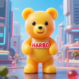 portrait of haribo bear in future city, color and shape focus, centra