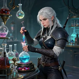 cyberpunk alchemy laboratory full of potions, ciri from the witcher it's in the lab. by jeremy mann and alphonse mucha, photo realistic, dynamic lighting, windy, artstation, poster, dreamy, volumetric lighting, ethereal, 4 k, high detail