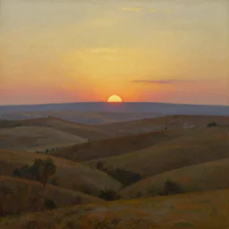 the armenian highlands with the sun setting as the background in the style of hudson river school of art, oil on canvas