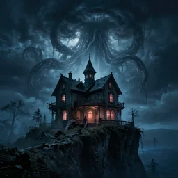 in the style of charlie bowater, dean cornwell : : stunning, spooky haunted house on a cliff : : tentacles coming from the sky : : lighting, clouds, storm : : night time : : lovecraftian : : cinematic lighting : :