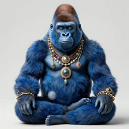 a meditating, blue gorilla with lots of buddhist jewelery by chiara bautista