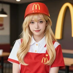 a beautiful woman wearing a mcdonald's uniform, blonde, long hair, pixiv, hyperrealistic