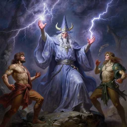 stunning male master wizard summoning lightning, highly detailed painting by gaston bussiere, craig mullins, j. c. leyendecker, 8 k