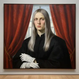 museum painting, wide - shot, pale beautiful young male man, mouse greyish very light brown hair, straight!! shoulder - length!! white hair, black clothes, white clothes, gloves, background is the rich curtain!!! on a window, sharp focus, highly detailed, digital art, matte painting, masterpiece, artgerm, rutkowski, botticelli, mucha,