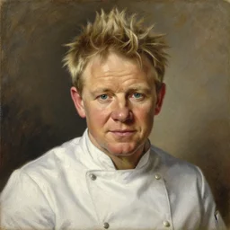 a head and shoulders portrait of gordon ramsay in a chef uniform, neoclassicism, oil on canvas, wet on wet crosshatching