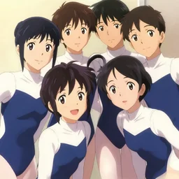 1 9 8 0 s 8 k hd anime shot, close - up, posing together in leotards. by takashi takeuchi, yoshiyuki sadamoto, amagaitaro, makoto shinkai, krenz cushart, asao urata, pixiv