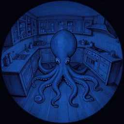 ultraviolet dark palette, fisheye spiral lines, naive, extra narrow, detailed illustration of a kitchen, large floor, octopus shaped by rhads from lorax movie, trending artstation, dark blue