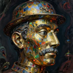 closeup face profile portrait of a tin toy jacques tati, hyper realistic, artstation, illustration, nicoletta ceccoli, mark ryden, lostfish, max fleischer, digital paint, matte paint, vivid colors, dark, sinister, detailed and intricate environment