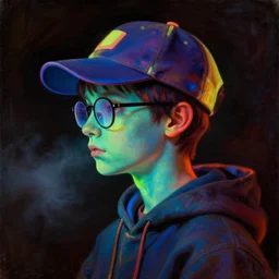 a baroque neoclassicist close - up side profile portrait of a colorful retrofuturistic blacklight uv silhouette of an alien cyborg boy with a baseball hat, glasses and a hoodie, glowing fog in the background. renaissance portrait painting. highly detailed science fiction painting by norman rockwell, frank frazetta, and syd mead. rich colors, high contrast, gloomy atmosphere, dark background. trending on artstation