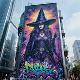 graffiti mural of a witch on a futuristic scifi skyscraper