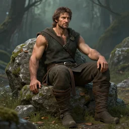 a relaxed male middle aged druid in a sleeveless west, short brown hair, stringy, full body, 8 k, hyperrealistic, hyperdetailed, fantasy portrait by laura sava